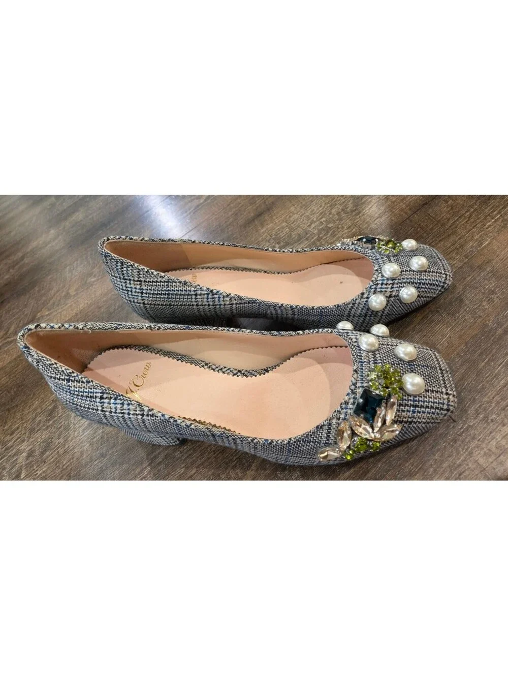 Elegant J. Crew Women's Plaid Low Block Heel Pumps with Pearl & Gems Size 5